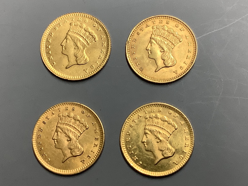 Four United States of America one dollar gold coins, Indian head, type III, 1856, 1862, 1868 and 1874